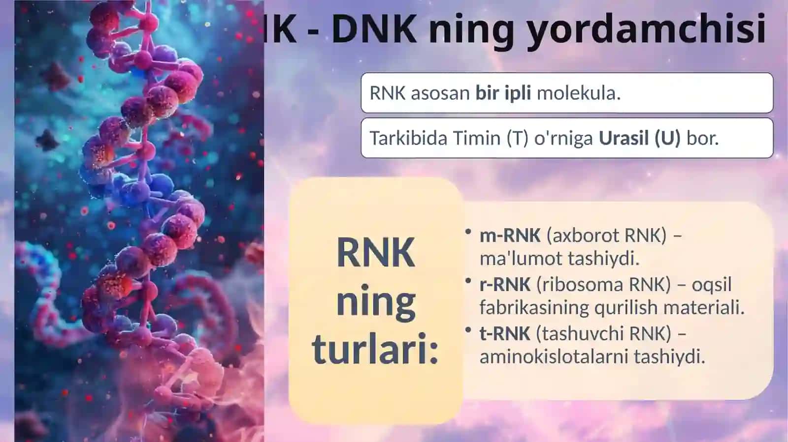 Molekulyar biologiya. Genlar ekspressiyasi. DNK va RNK ning replikatsiyasi va transkripsiyasi 4