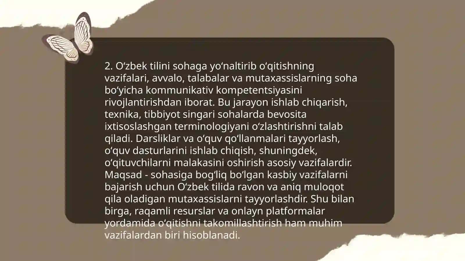 Oʻzbek tilini sohaga yoʻnaltirib oʻqitishning maqsadi,vazifalari 4