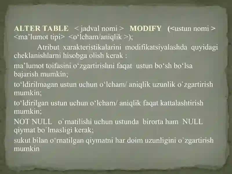 SQL tili. Ma`lumotlarni tasvirlash 4