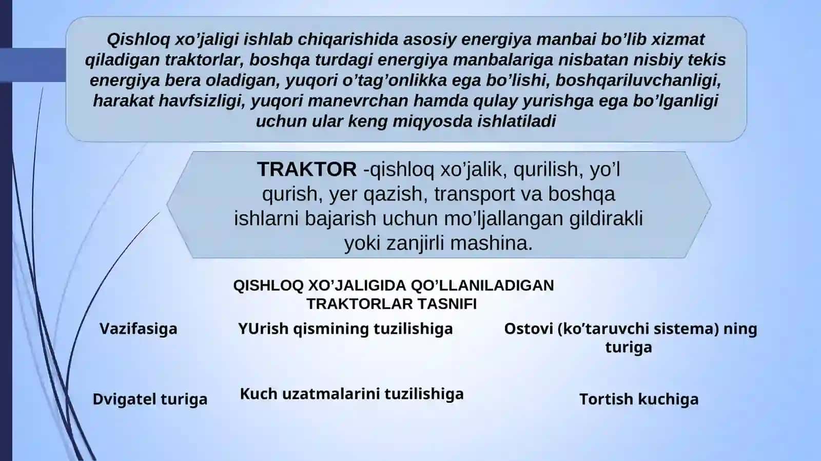 TRAKTOR VA AVTOMOBILLARNING TASNIFIVA ASOSIY QISMLARI.ICHKI YONUVDVIGATELLARI 4