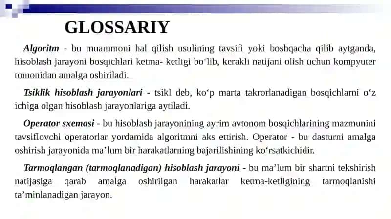 MA’RUZAALGORITMLASHTIRISH VA DASTURLASH ASOSLARI 4