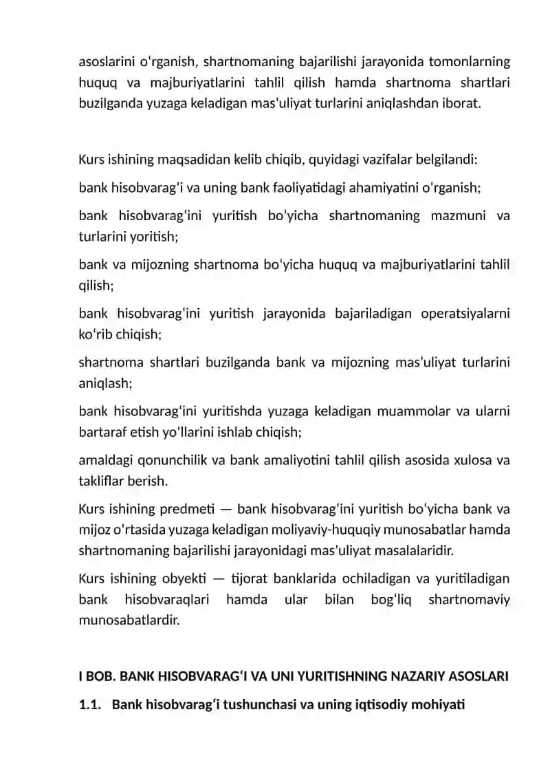Bank hisobvarag’ini yuritish bo‘yicha bank va mijoz o‘rtasidagi shartnoma va uning bajarilishi yuzas 4