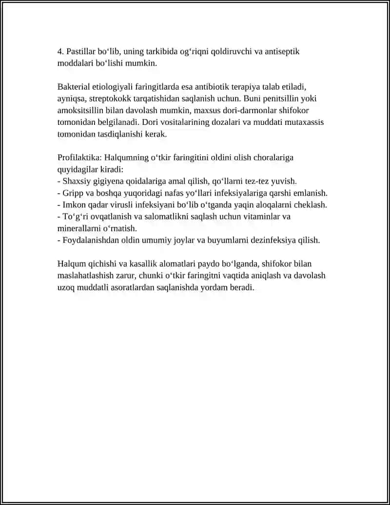 HALQUMNING O‘TKIR VA SURUNKALI KASALLIKLARI HAMDA ULARNING PROFILAKTIKASI. HIQILDOQNING O‘TKIR VA SURUNKALI KASALLIKLARI 4