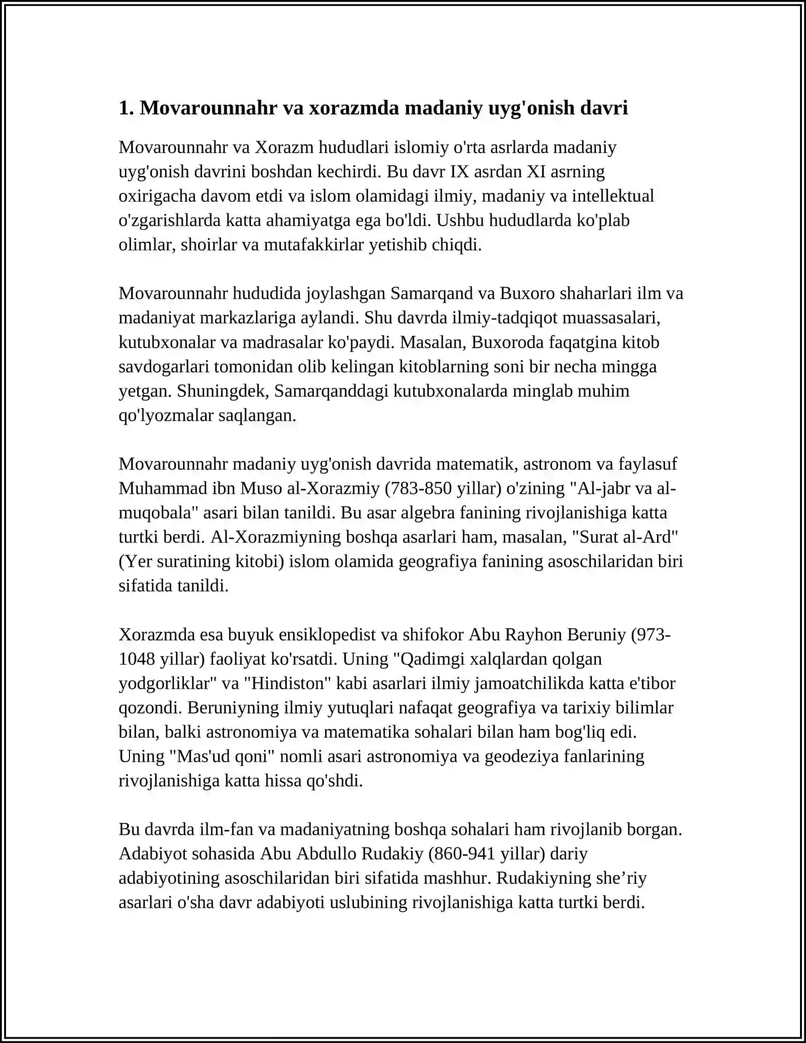 IX XII MAMLAKATIMIZ HUDUDIDA RO‘Y BERGAN MADANIY UYG‘ONISH (RENESSANS) BUYUK ALLOMALARNING JAHON SIVILIZATSIYASIGA QO‘SHGAN HISSASI 4