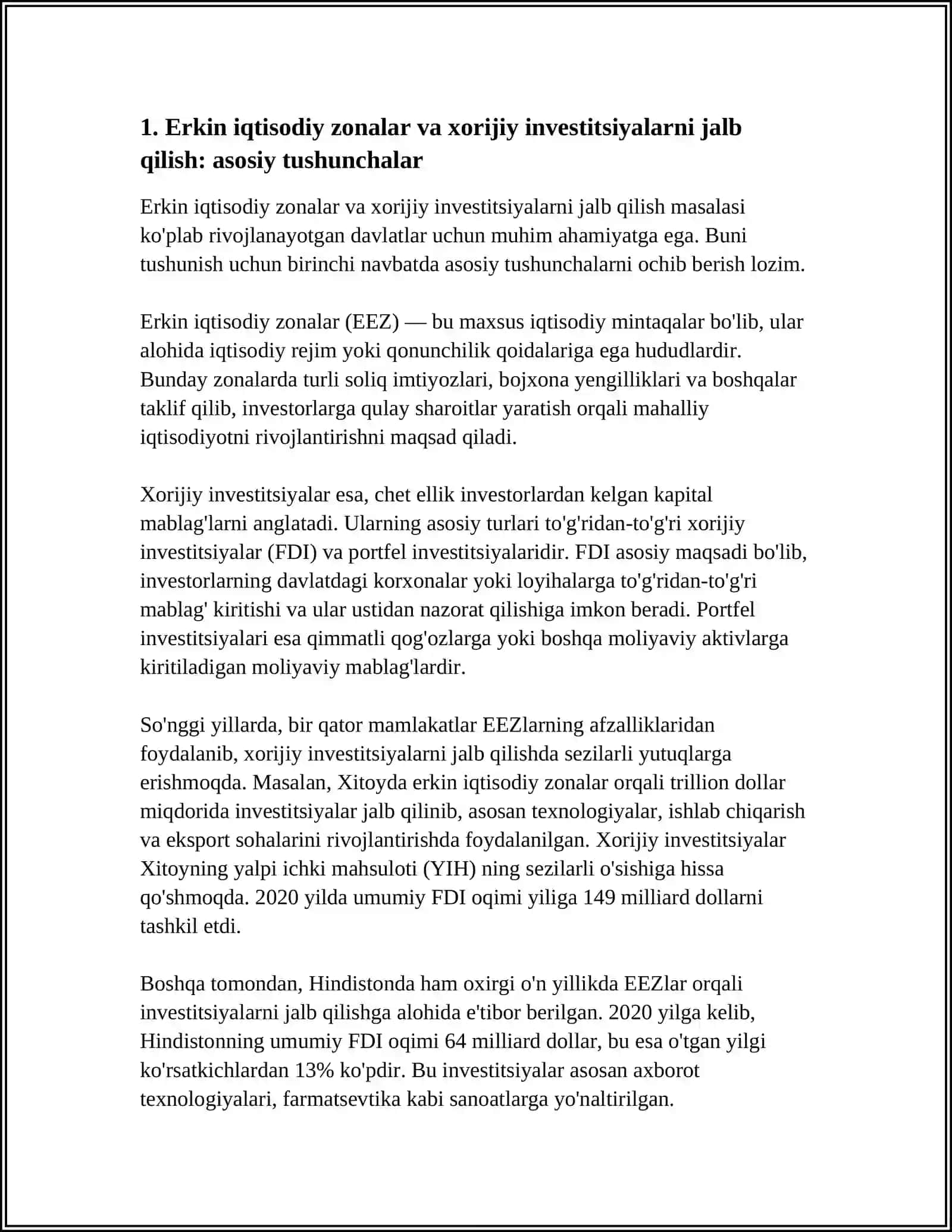 ERKIN IQTISODIY ZONALAR ORQALI XORIJIY INVESTITSIYALARNI JALB ETISHNI RAG'BATLANTIRISH 4