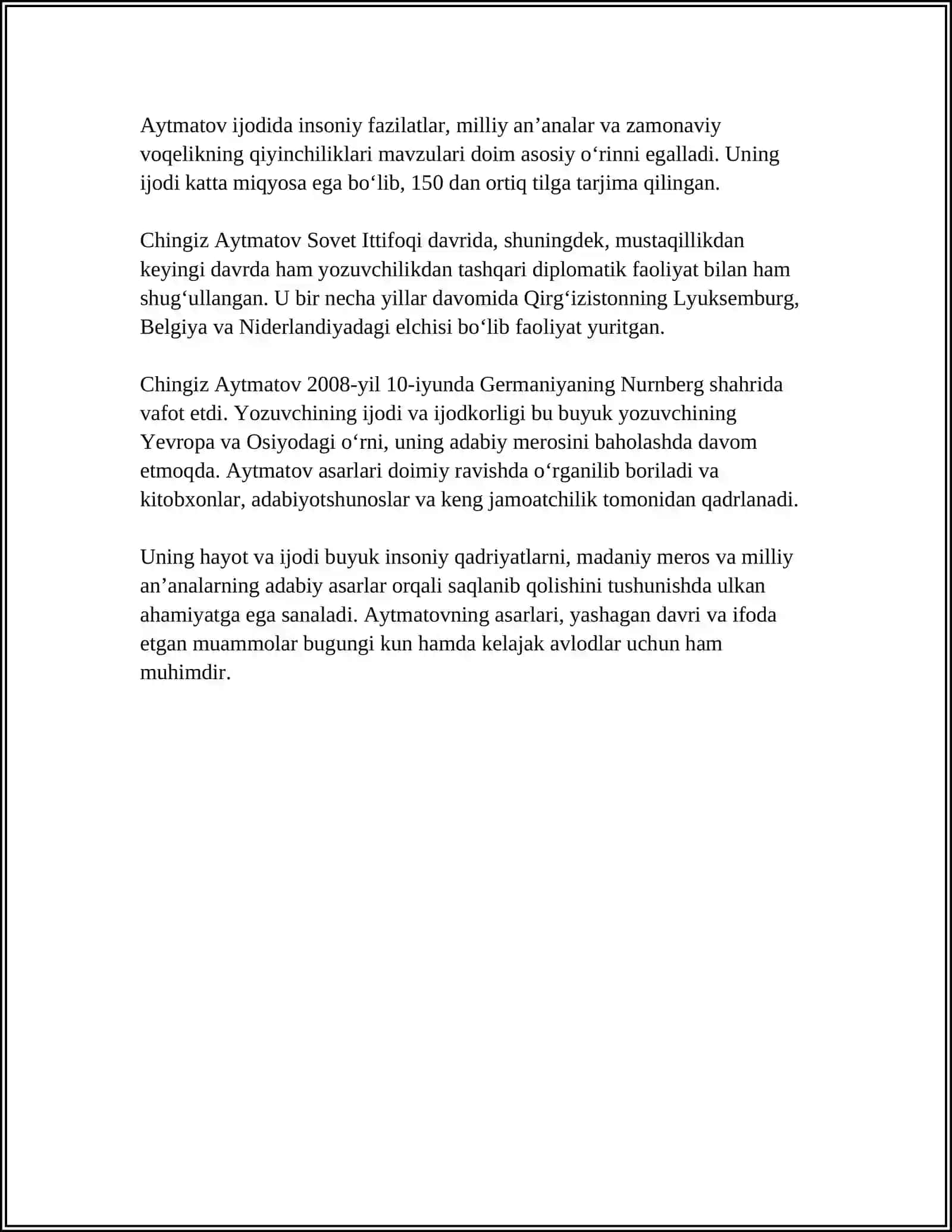 CHINGIZ AYTMATOVNING "SARVIQOMAT DILBARIM" ASARI HAQIDA 4