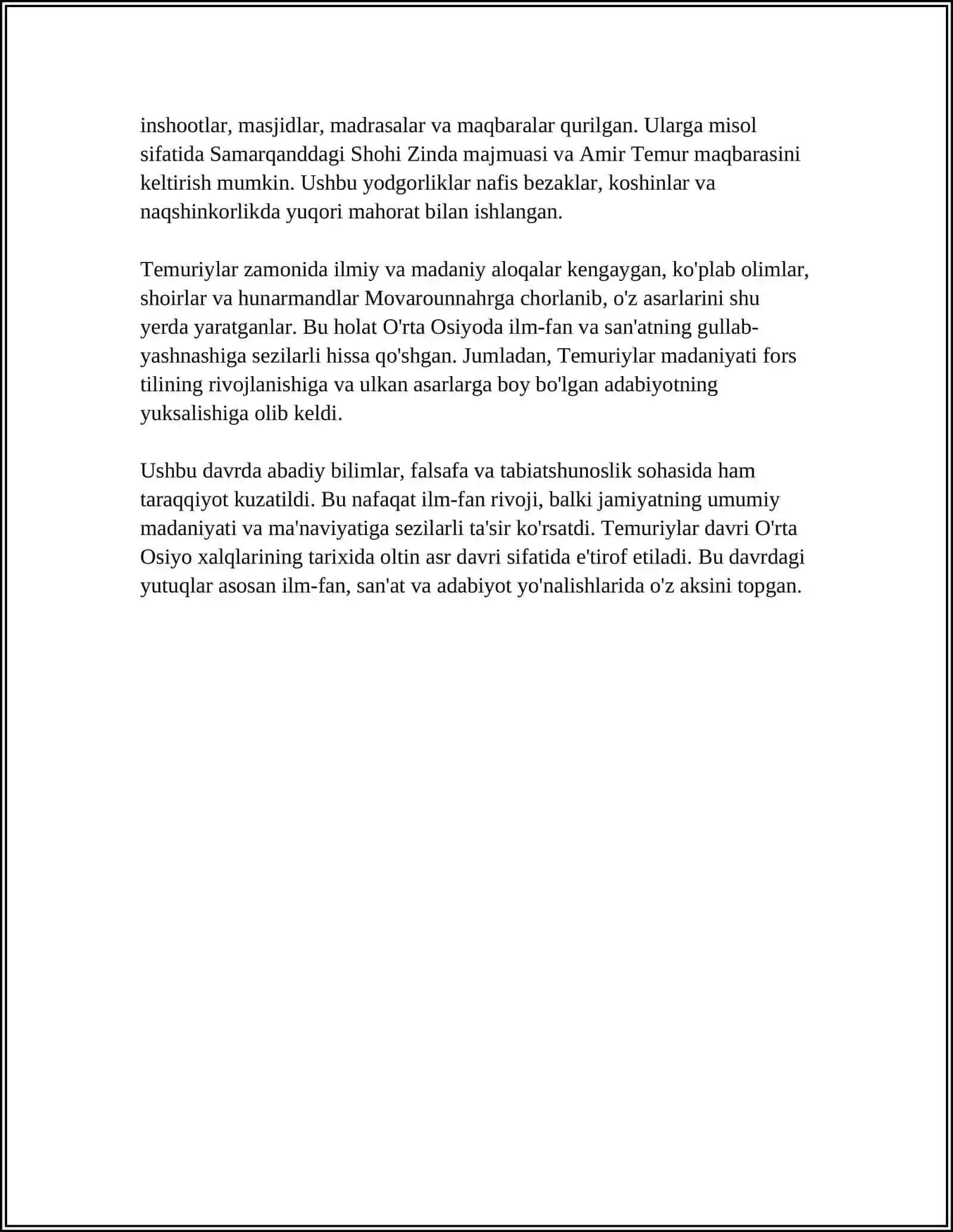 MUSTAQIL ISH Mavzu: TEMURIYLAR MADANIYATI UYG'UNLIGI 4