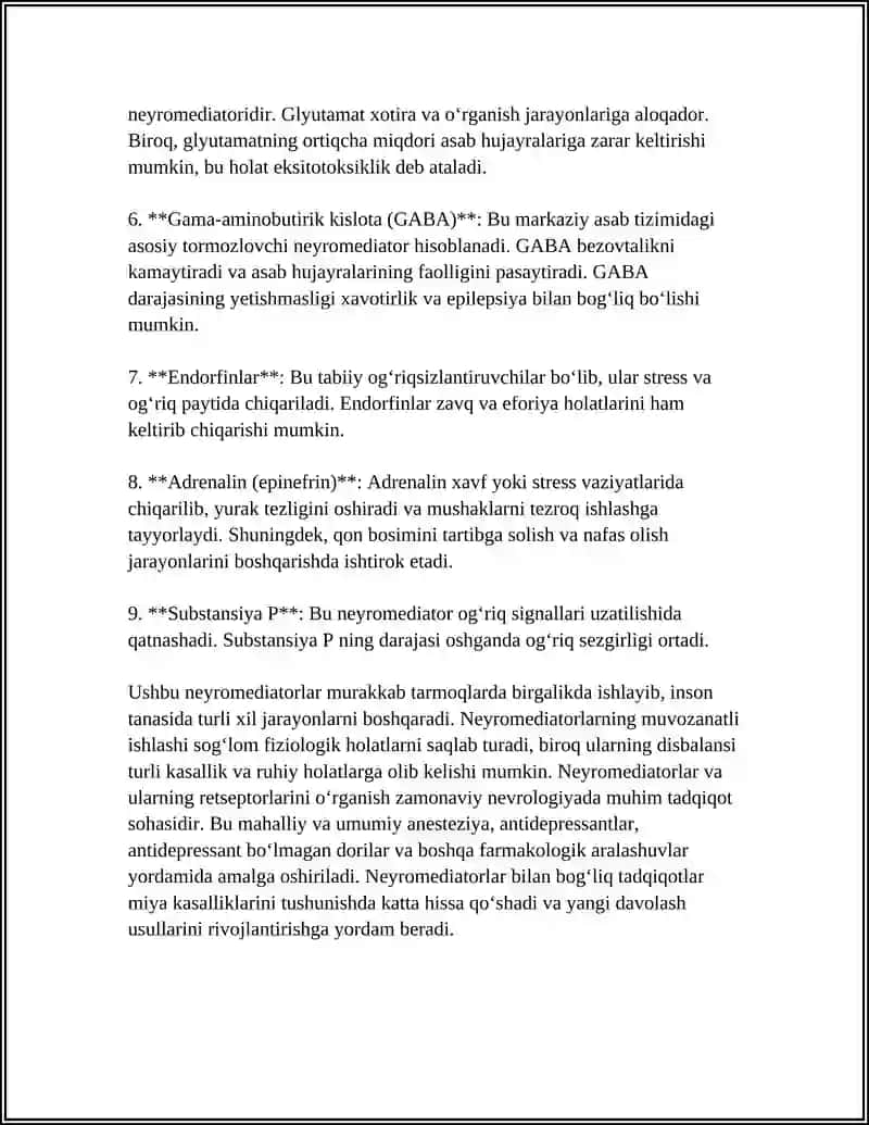 NEYROMEDIATORLAR BIOSINTEZI AHAMYATI VA KASALLIKLARI 4