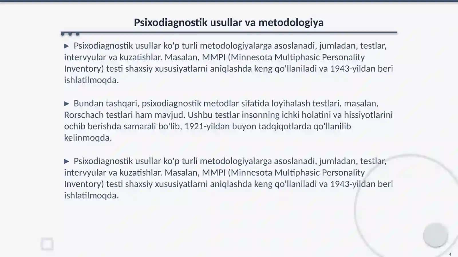 Psixodiagnostik tekshiruv va tadqiqotlar 4