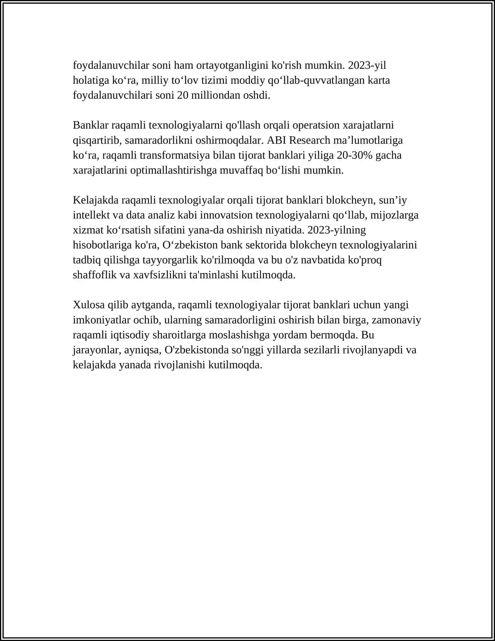 TIJORAT BANKLARIDA ZAMONAVIY BANK MAHSULOTLARINI YARATISHDA RAQAMLI TEXNOLOGIYALARDAN FOYDALANISH 4
