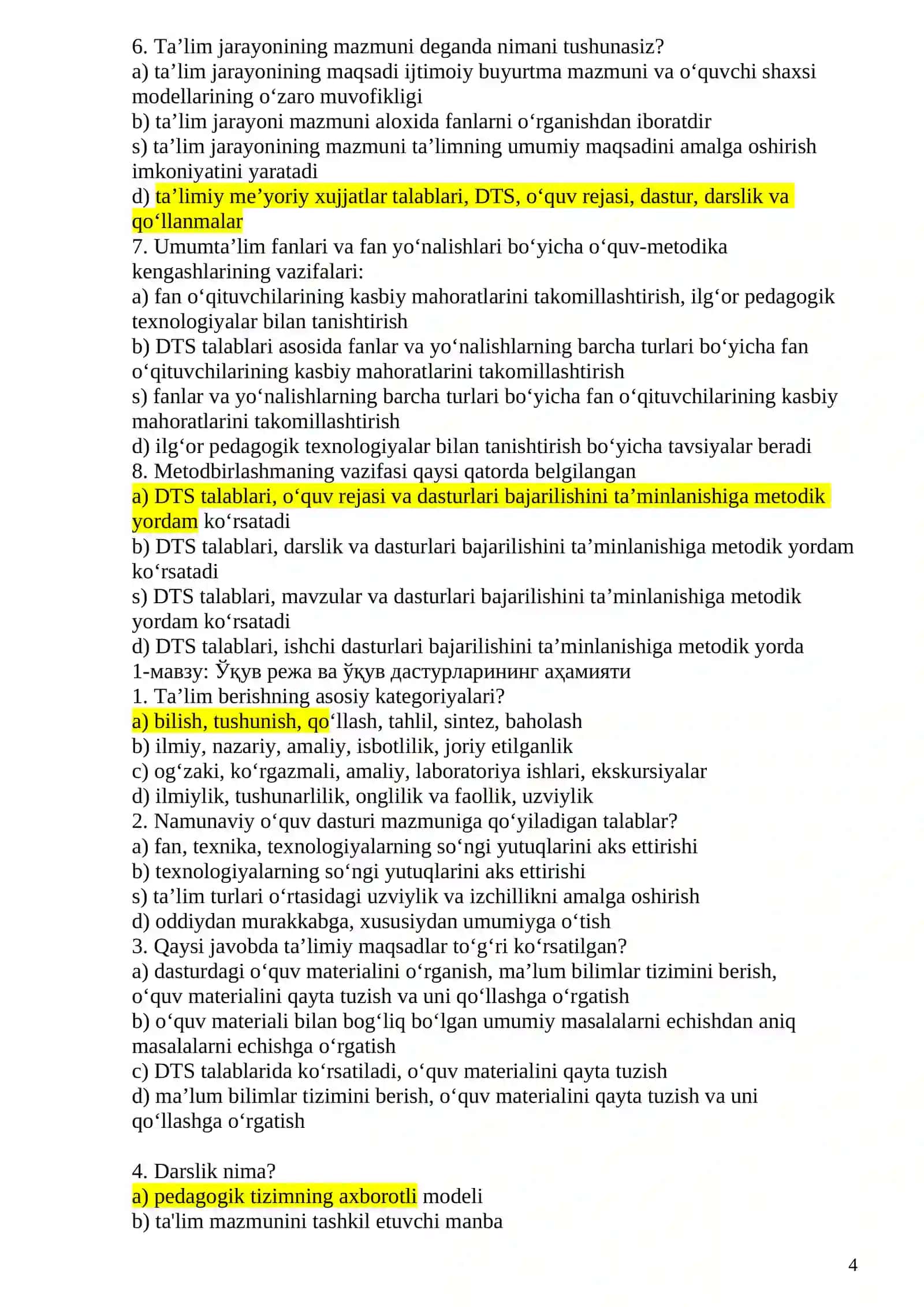 DMTT va Maktab direktorlari uchun menejerlik test lari javoblari 1-TEST KITOBCHA 4