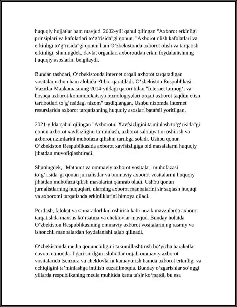 O'ZBEKISTON RESPUBLIKASIDA OMMAVIY AXBOROT VOSITALARINING FAOLIYATI 4