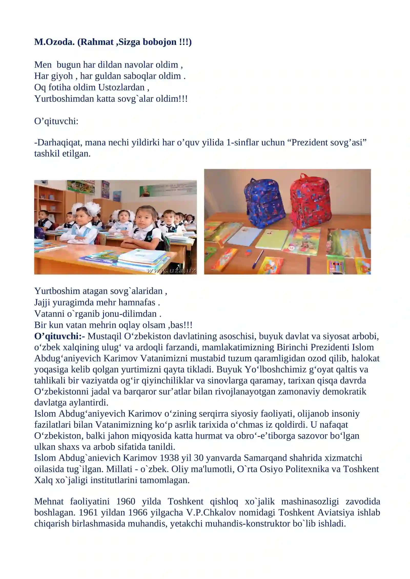 Mustaqillik me`mori.( Xotira darsi) 30-yanvar 4