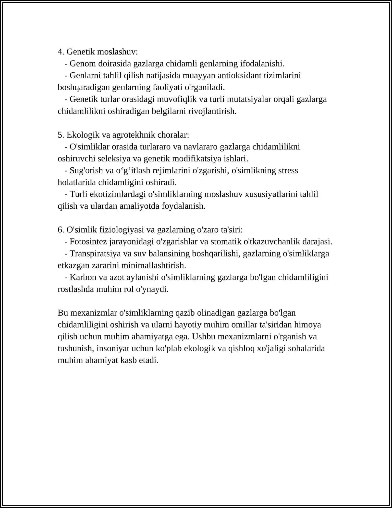 O'SIMLIKLARNING GAZLARGA CHIDAMLILIGI REFERAT 4