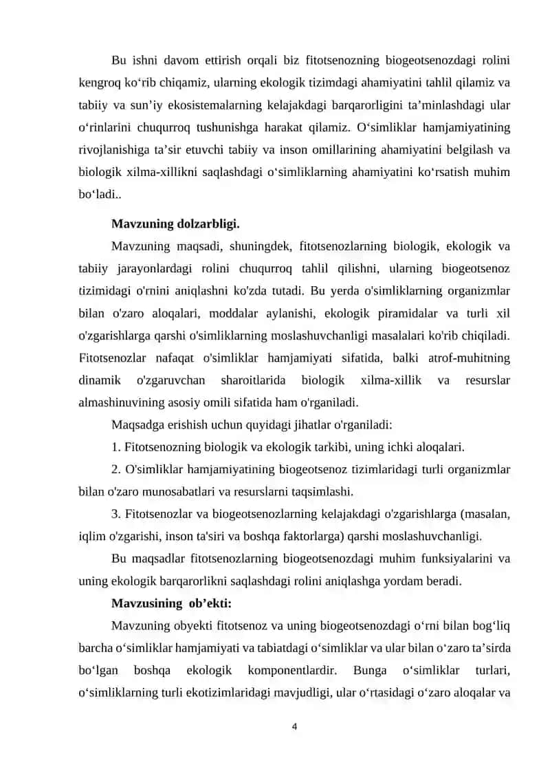 "Fitotsenoz va uning biogeotsenozdagi o'rni." kurs ishi 4