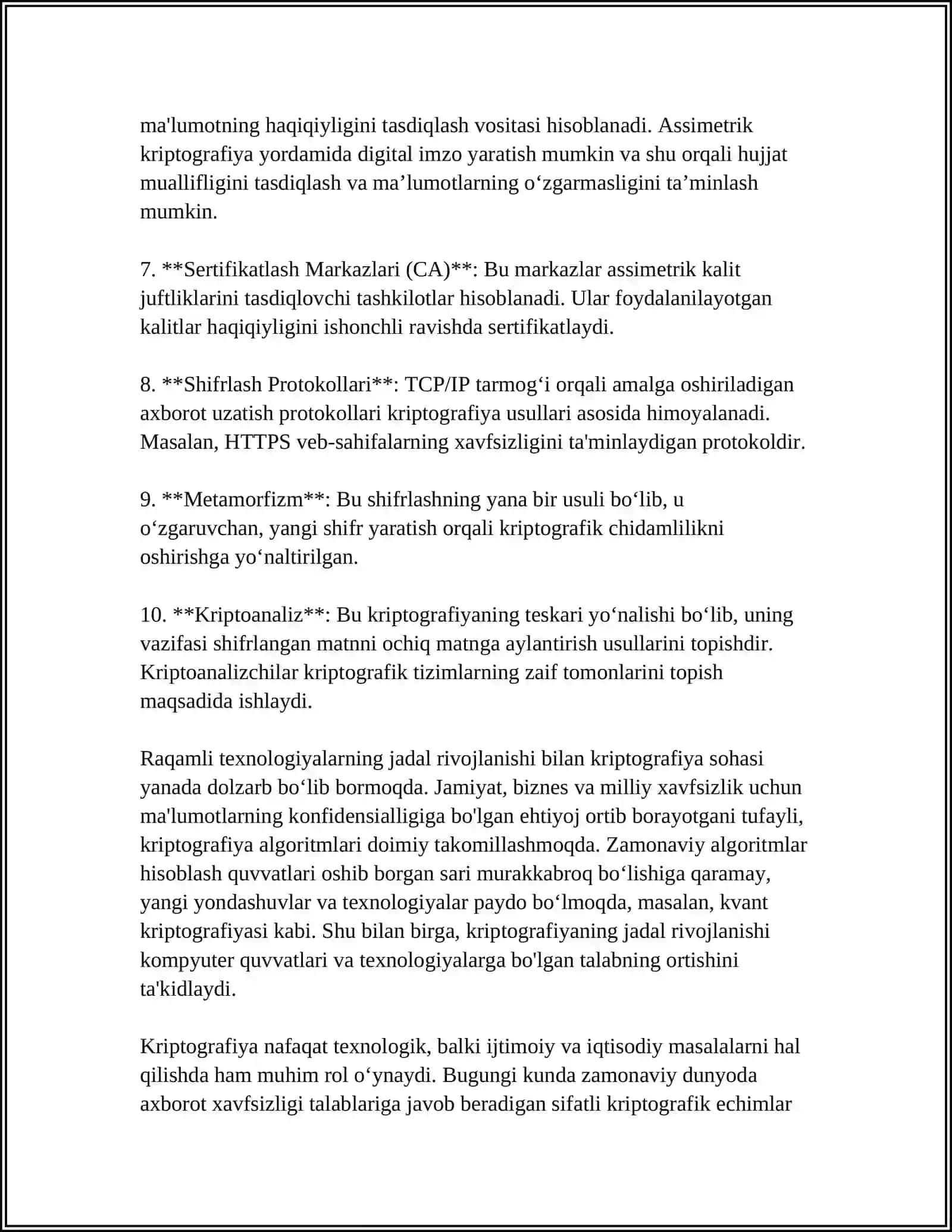 TARMOQDA UZATILUVCHI AXBOROTNI XIMOYALASHDA KRIPTOGRAFIYANING O’RNI HAQIDA MUSTAQIL ISH 4