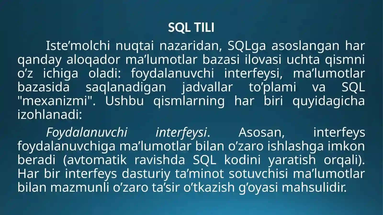 SQL TILI.SQL OPЕRATORLARINIYOZISH 4