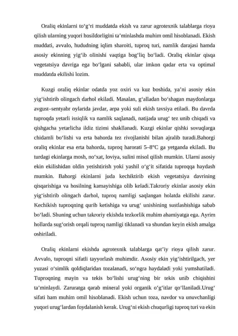 Oraliq ekinlarning turlari, ekish muddati, usuli, me’yori 4