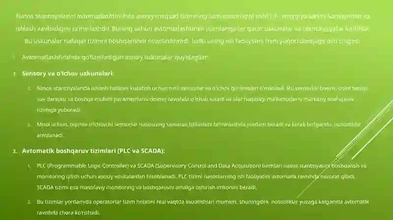 Nasos stantsiyalarini avtomatlashtirish talablari 4