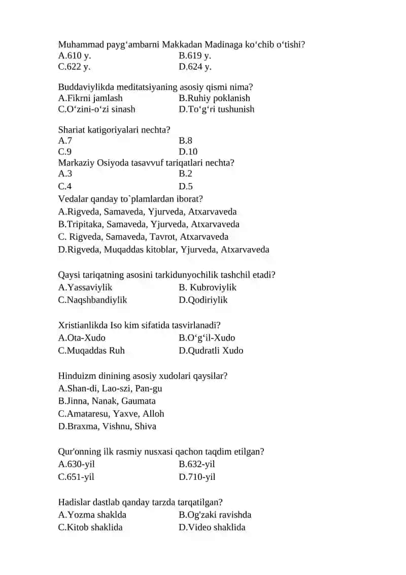 Dinshunoslik fanidan testlar 4