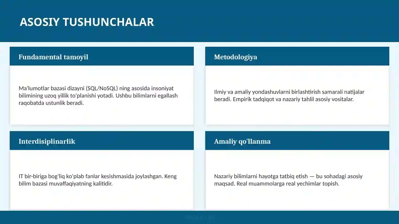 Ma'lumotlar bazasi dizayni (SQL/NoSQL) - PostgreSQL, MongoDB va normalizatsiya — o'qituvchilar uchun 4