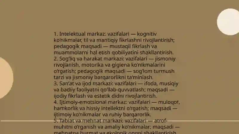 Maktabgacha ta’lim tashkilotlarida beshta markaz haqida 4