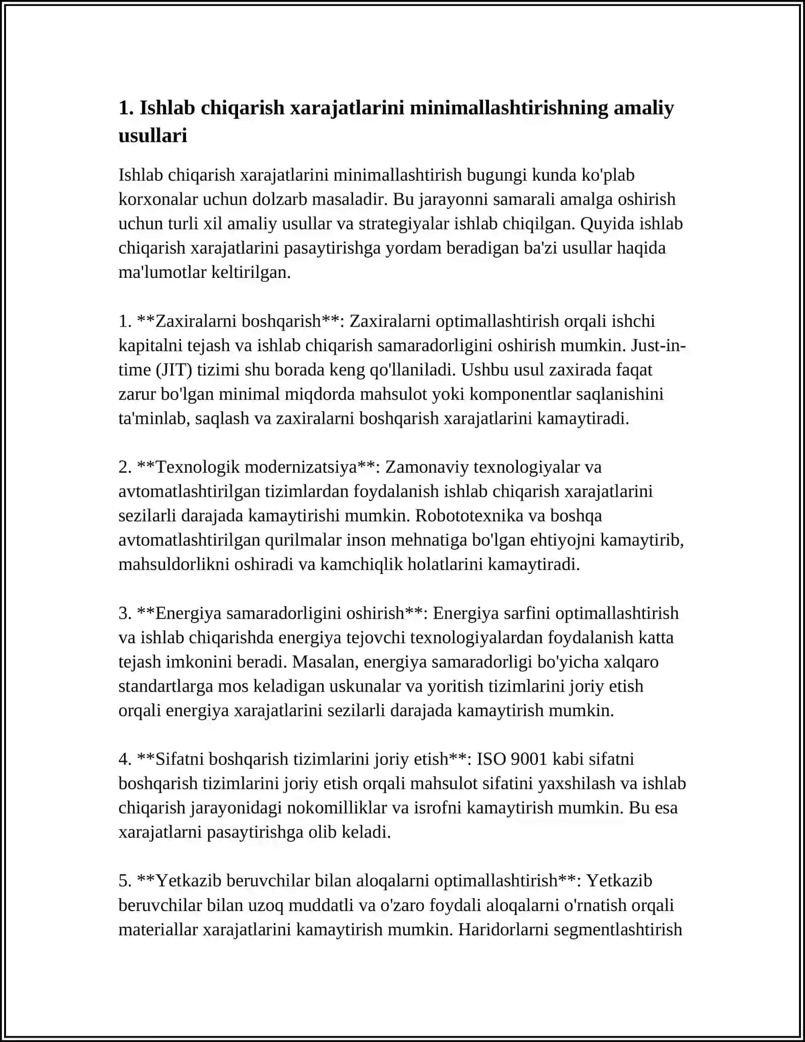 ISHLAB CHIQARISH XARAJATLARINI MINIMALLASHTIRISH SHARTLARI VA KORXONANING ZARARSIZ ISHLASH NUQTASINI HISOBLASH YOʻLLARI 4