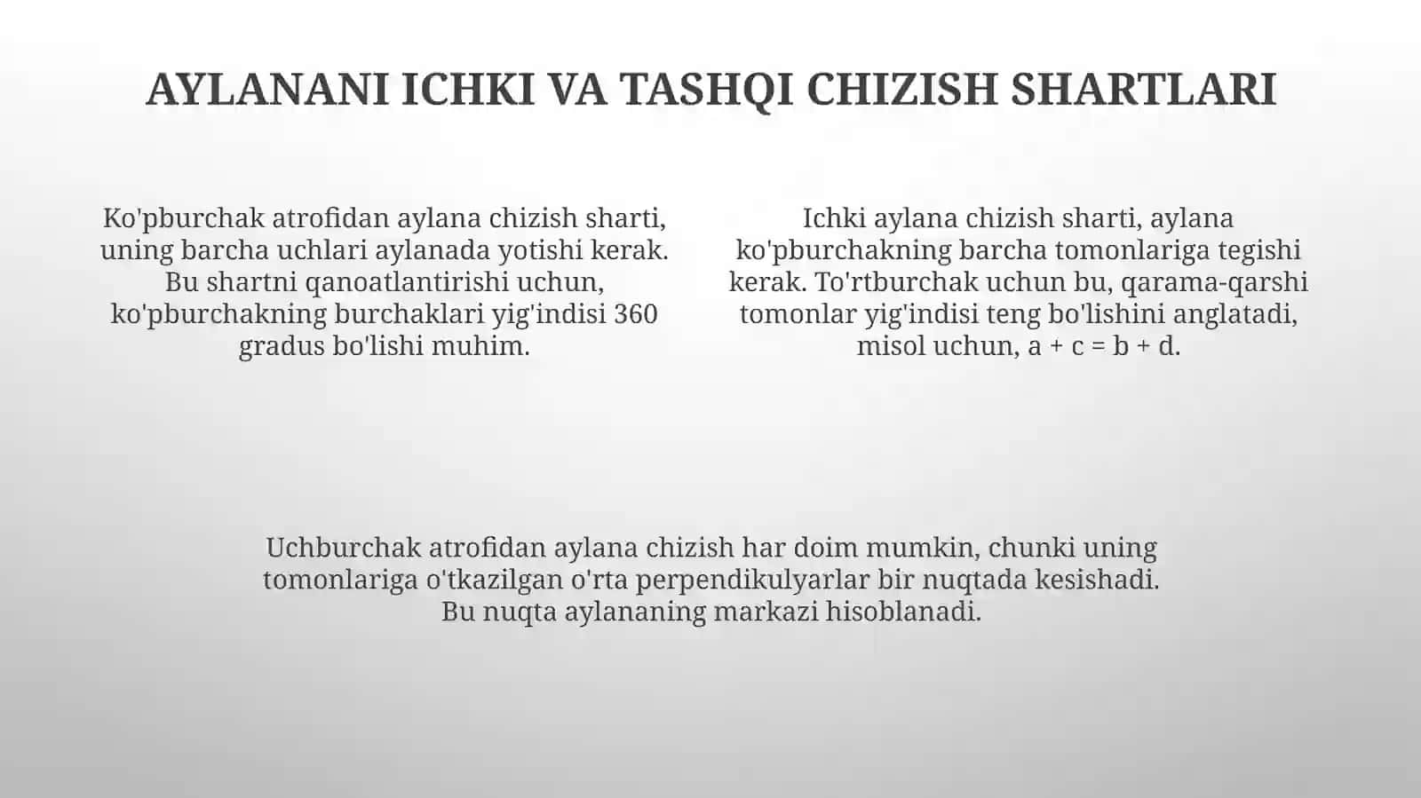 Koʻpburchaklarga ichki va tashqi aylanachizish 4