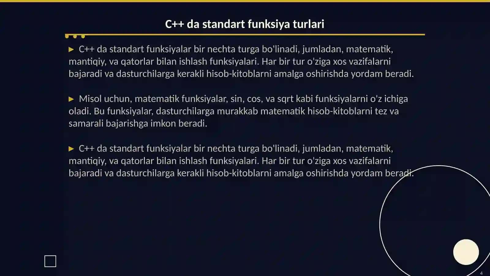C++ tilida standart funksiya va ifodalar 4