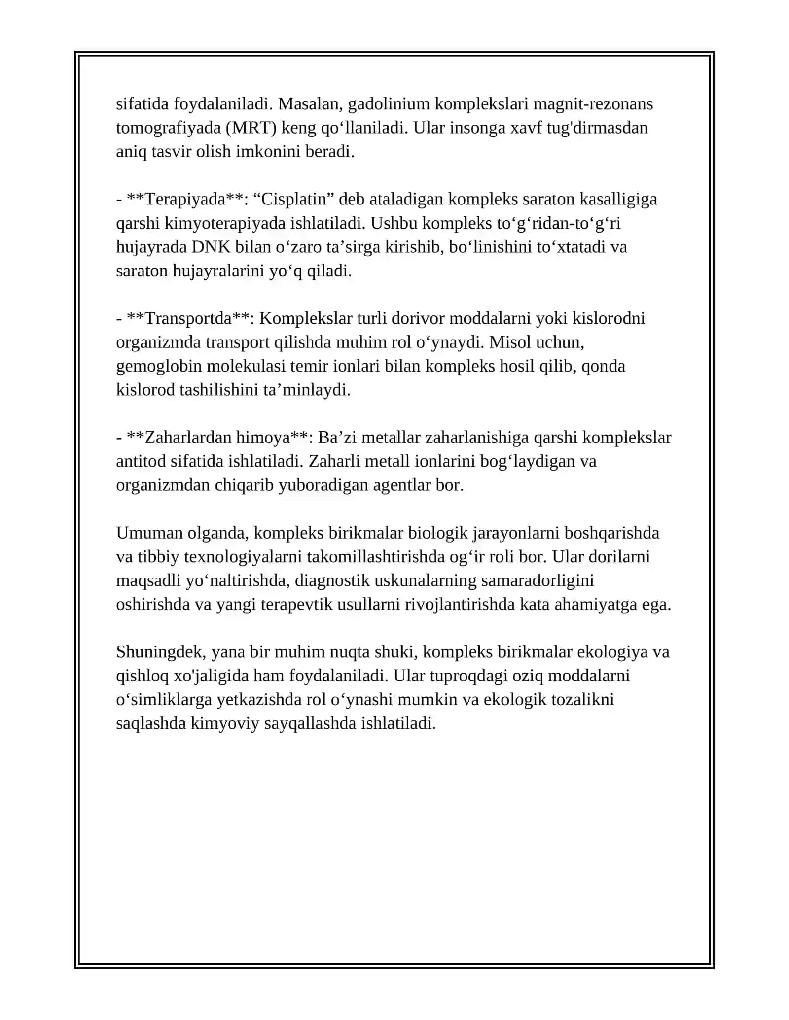 KOMPLEKS BIRIKMALAR ULARNING TIBBIYOTDAGI AHAMIYATI 4