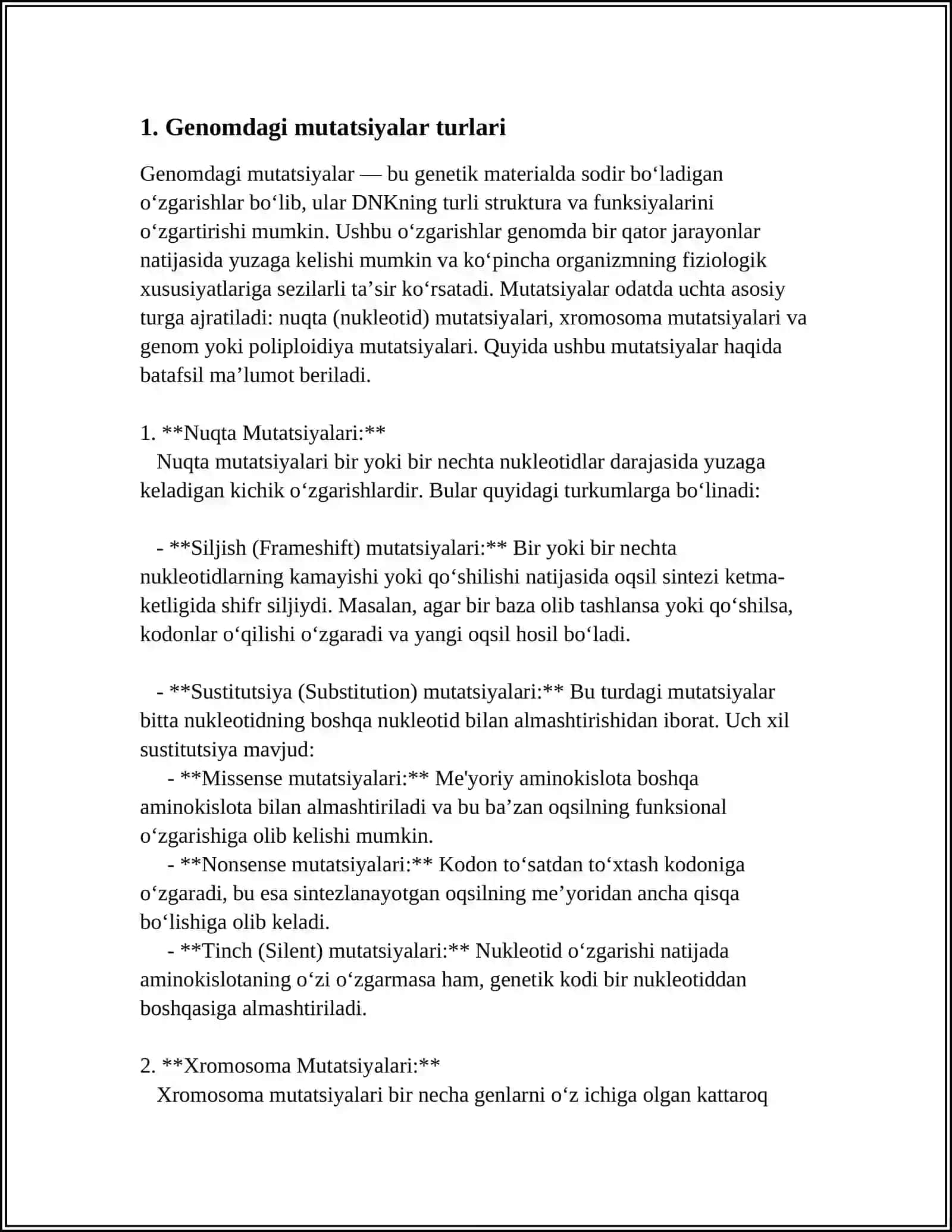 GEN YOKI NOʻXATLI MUTATSIYALAR. MUTATSIYA VA DNK REPARATSIYASINING MOLEKULYAR MEXANIZMLARI 4
