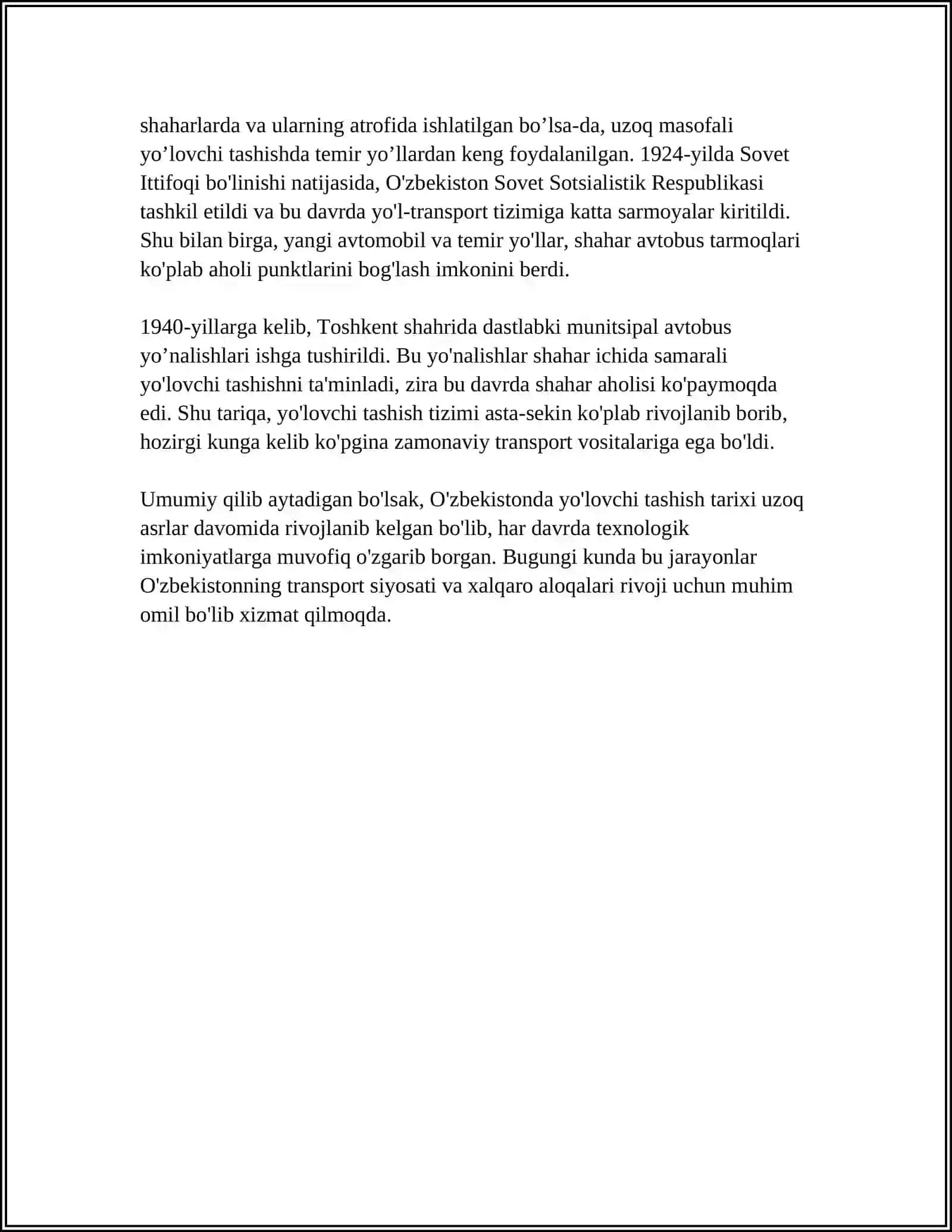 O'ZBEKISTON VA XORIJIY DAVLATLARDA YO'LOVCHI TASHISHNING RIVOJLANISH TARIXI 4