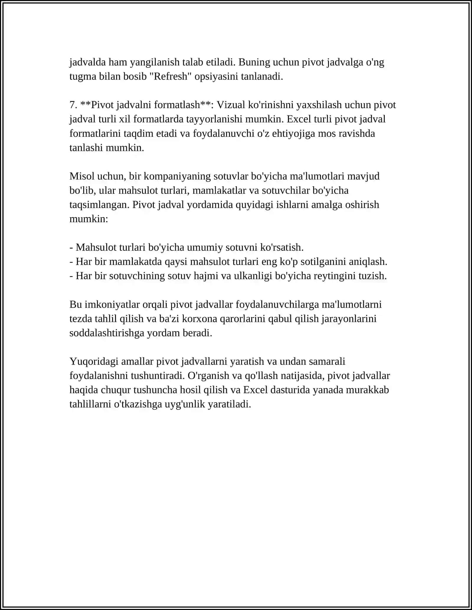 EXEL DASTURIDA TURLI HISOBOTLAR TAYYORLASH 4