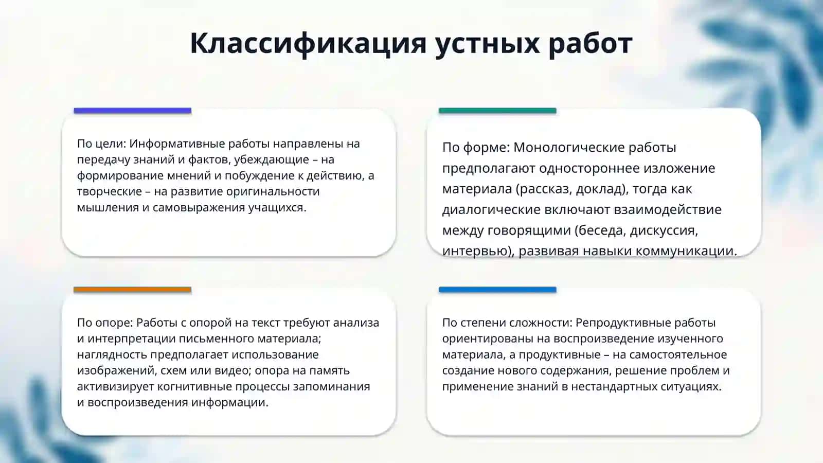 Виды устных работ по развитию связной речи учащихся 4