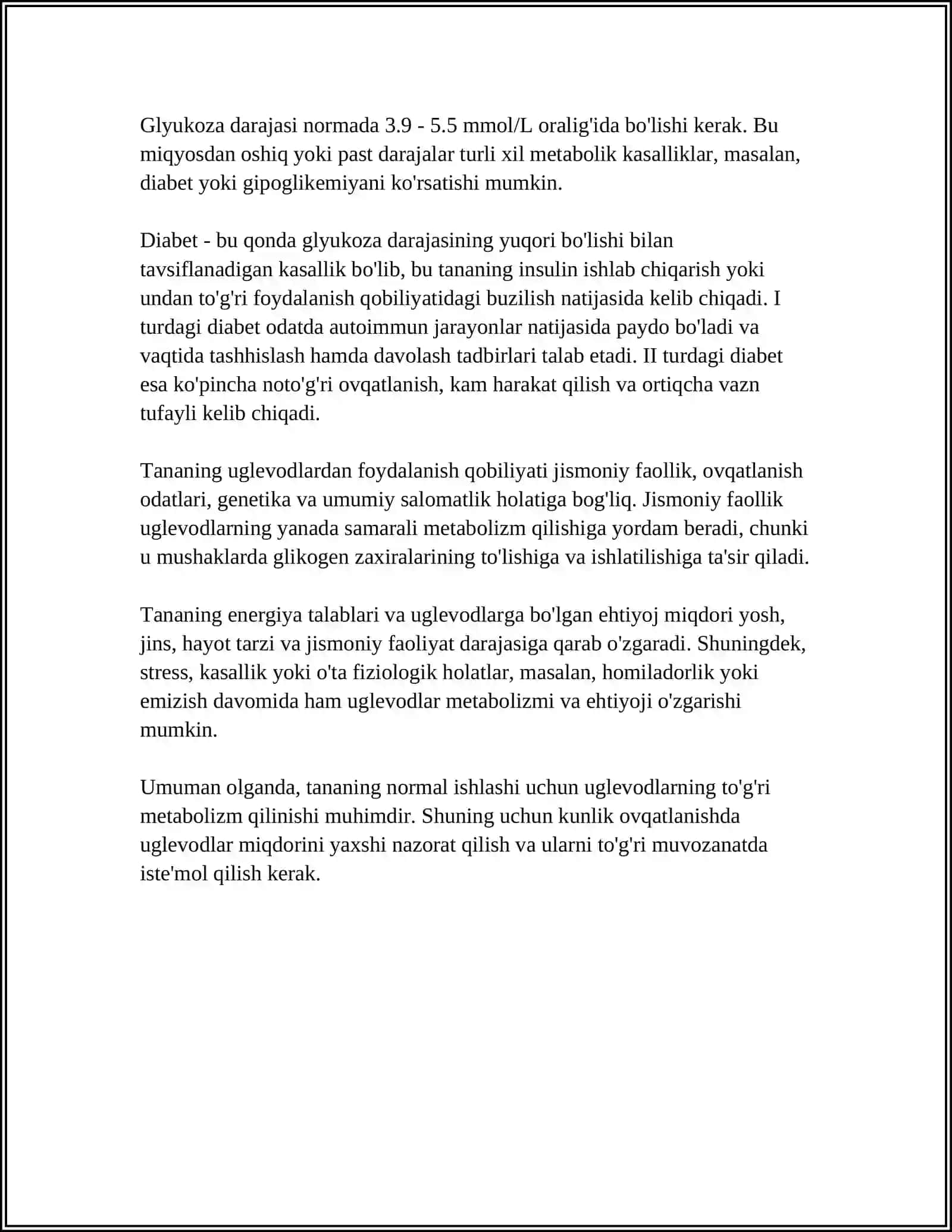 UGLEVODLAR, YOGʻLAR VA AMINOKISLOTALAR ALMASHINUVI OʻRTASIDAGI BOʻGʻLIQLIK 4