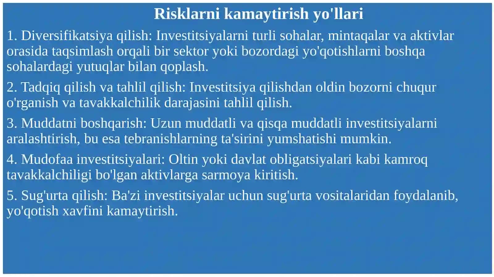 investitsiya risklari va uni kamaytirish yo'llari 4