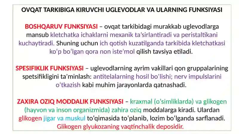 Uglevodlar almashinuvi va funktsiyalari 4