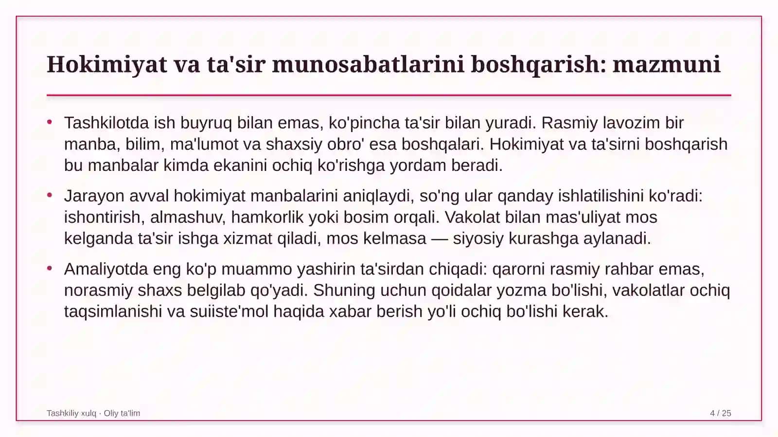 Kuryerlik xizmatida tashkilotda hokimiyat va ta'sir munosabatlarini boshqarish 4
