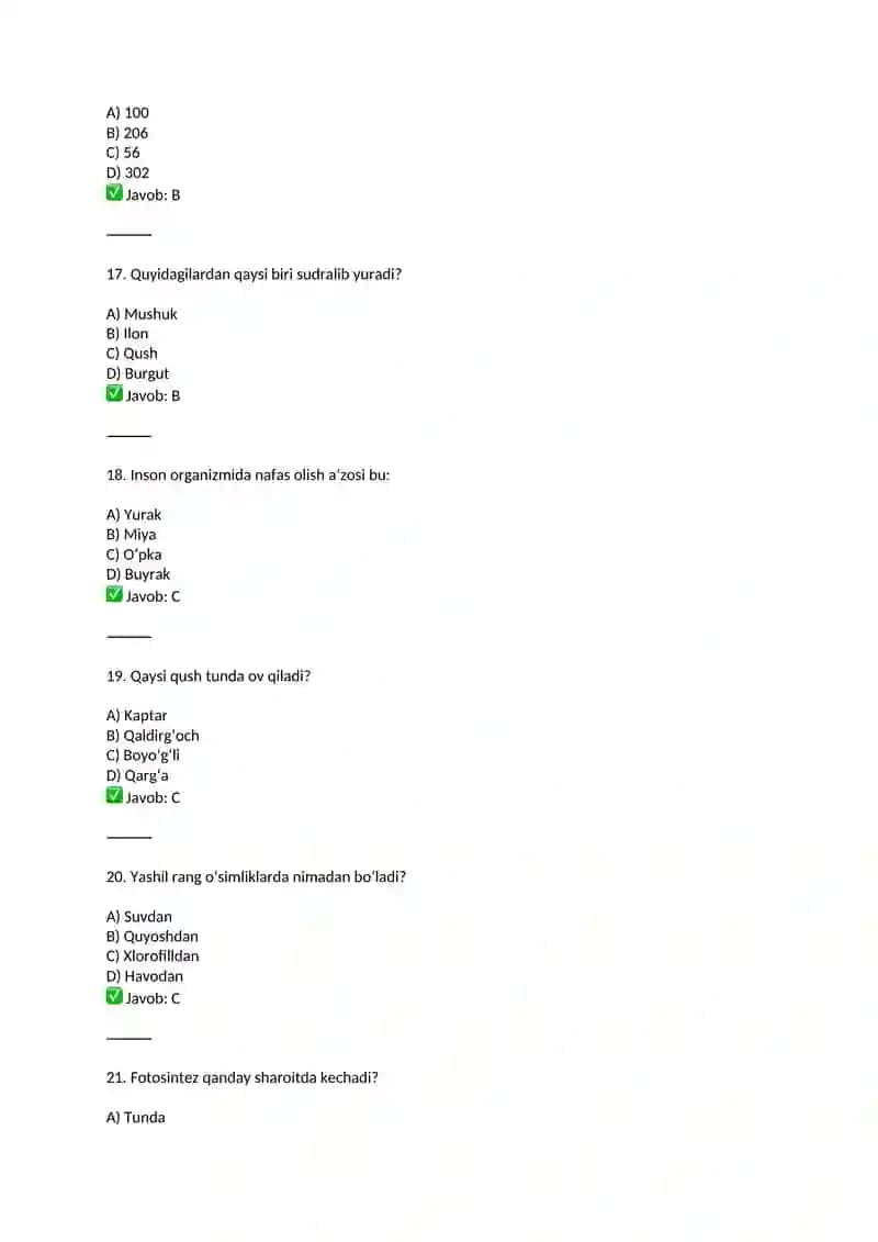 🌿 5-sinf Biologiya: Maktab Doirasidagi Testlar 4