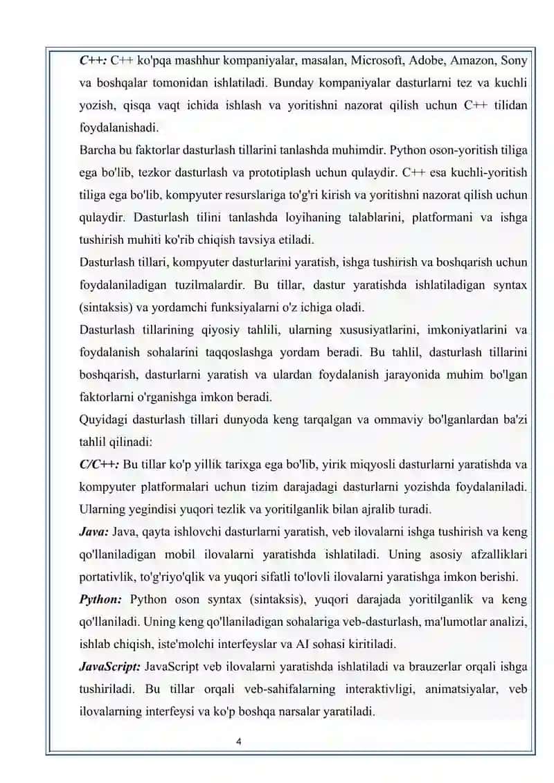 Dasturlash tillarining qiyosiy tahlilini keltirish 4