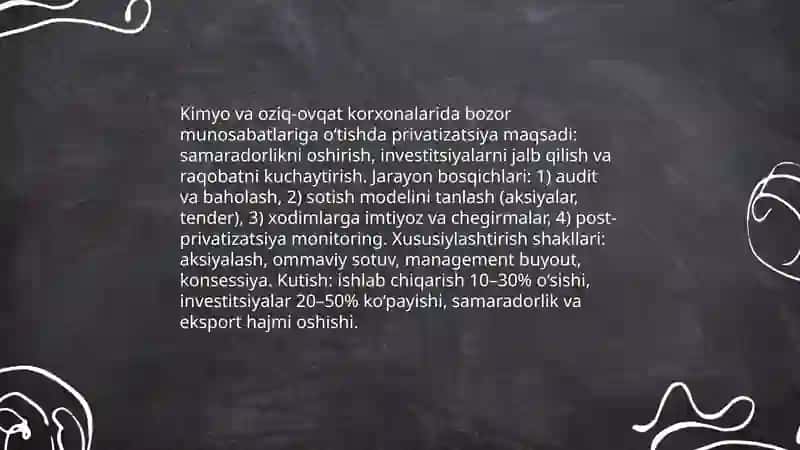 Kimyo va oziq-ovqat korxonalari: Iqtisodiy ahmiyati va bozor munosabatlariga o‘tish 4