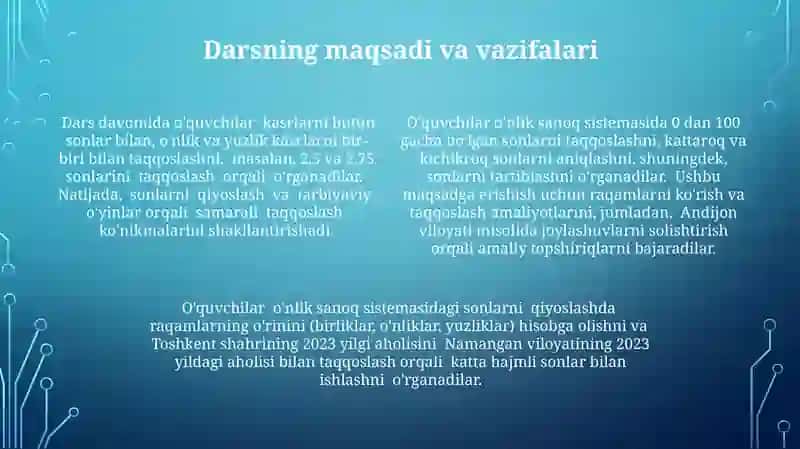 Oʻnlik ichida sonlarni taqqoslash dars ishlanma 4