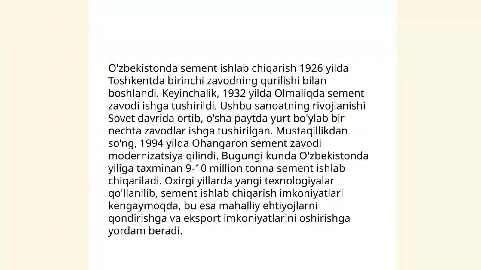 O'zbekistonda sement ishlab chiqarish zavodlari va ularning quvvati 4