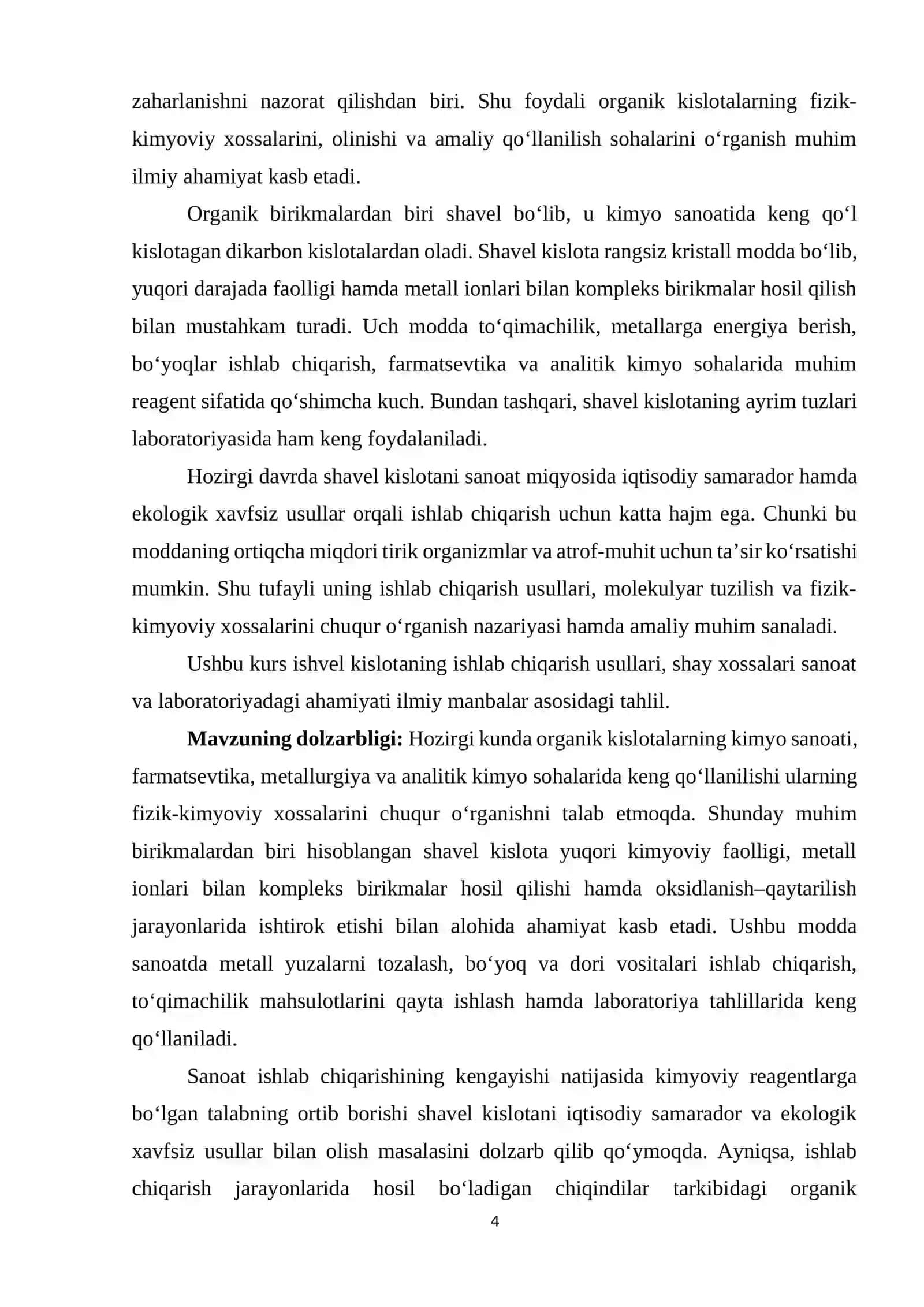 SHAVEL KISLOTA SINTEZI, TUZILISHI VA XOSSALARI 4