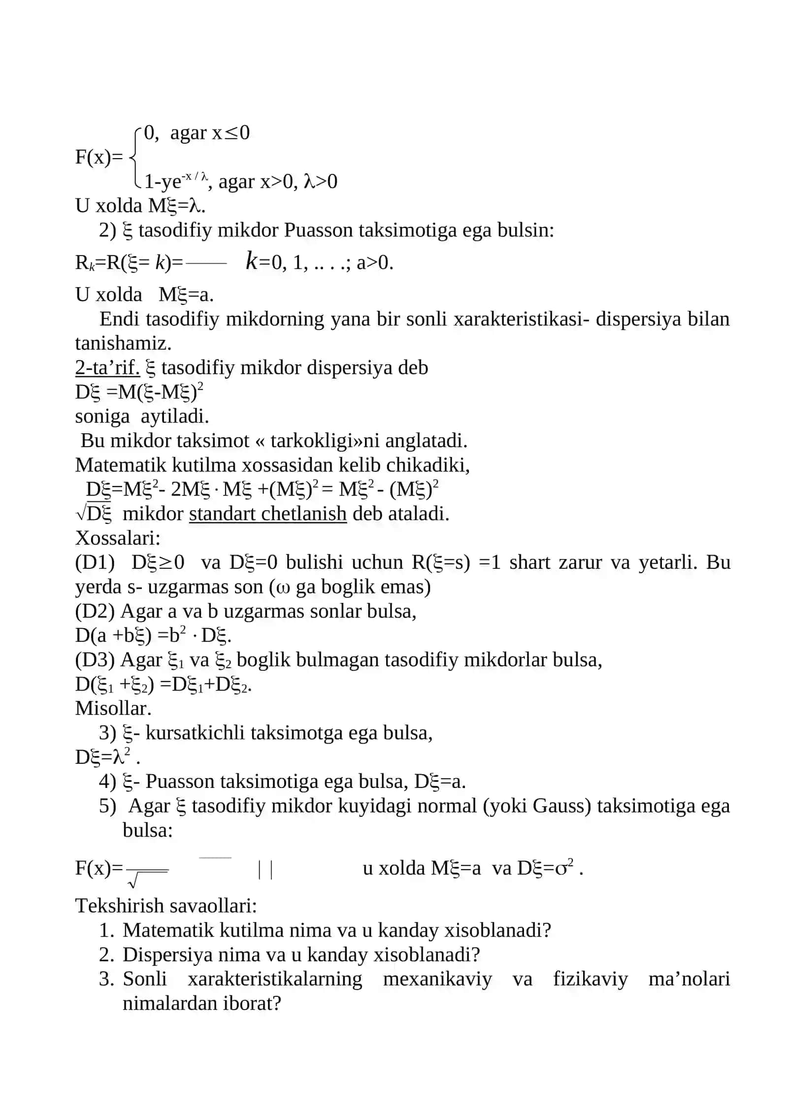 Tasodifiy mikdorlarning sonli xarakteristikalari 4