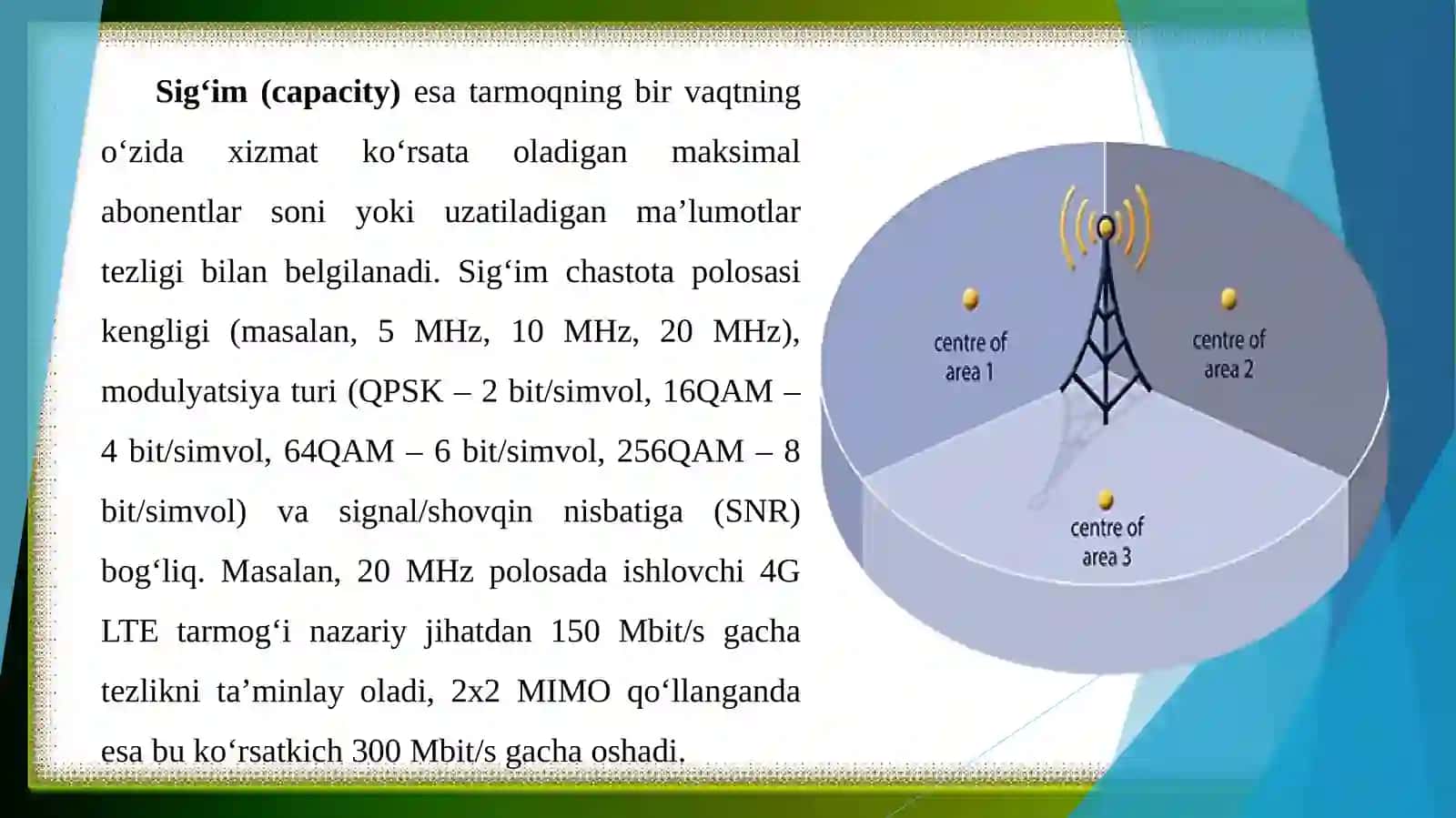 Uyali tarmoqlarda qamrov (converage) va sigʻim (capacity) oʻrtasidagi bogʻliqlik 4