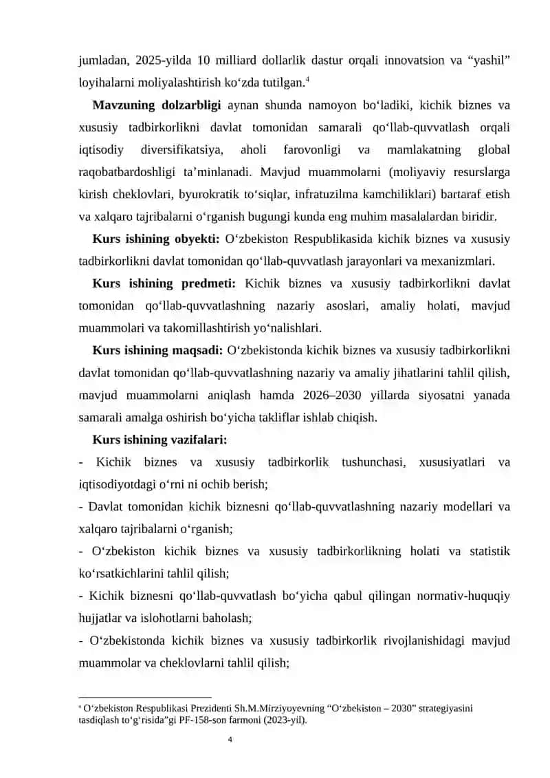 KICHIK BIZNES VA XUSUSIY TADBIRKORLIKNING RIVOJLANISHI DAVLAT TOMONIDAN QO’LLAB QUVVATLASH SIYOSATINING YO’NALISHLARI 4