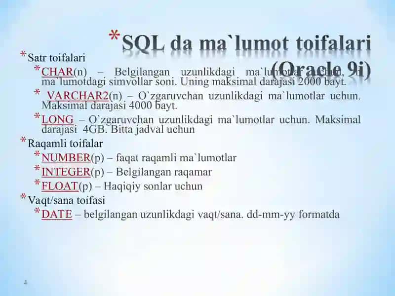 SQL tili. SQL operatorlarni yozish 4