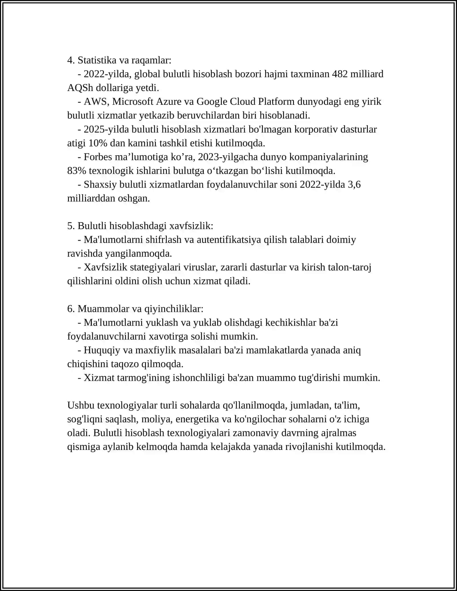 TARMOQ TEXNOLOGIYALARI VA INTERNET XIZMATLARI MALUMOTLAR BAZALARI VA KATTA HAJMDAGI MALUMOTLAR BILAN ISHLASH TEXNOLOGIYALARI 4