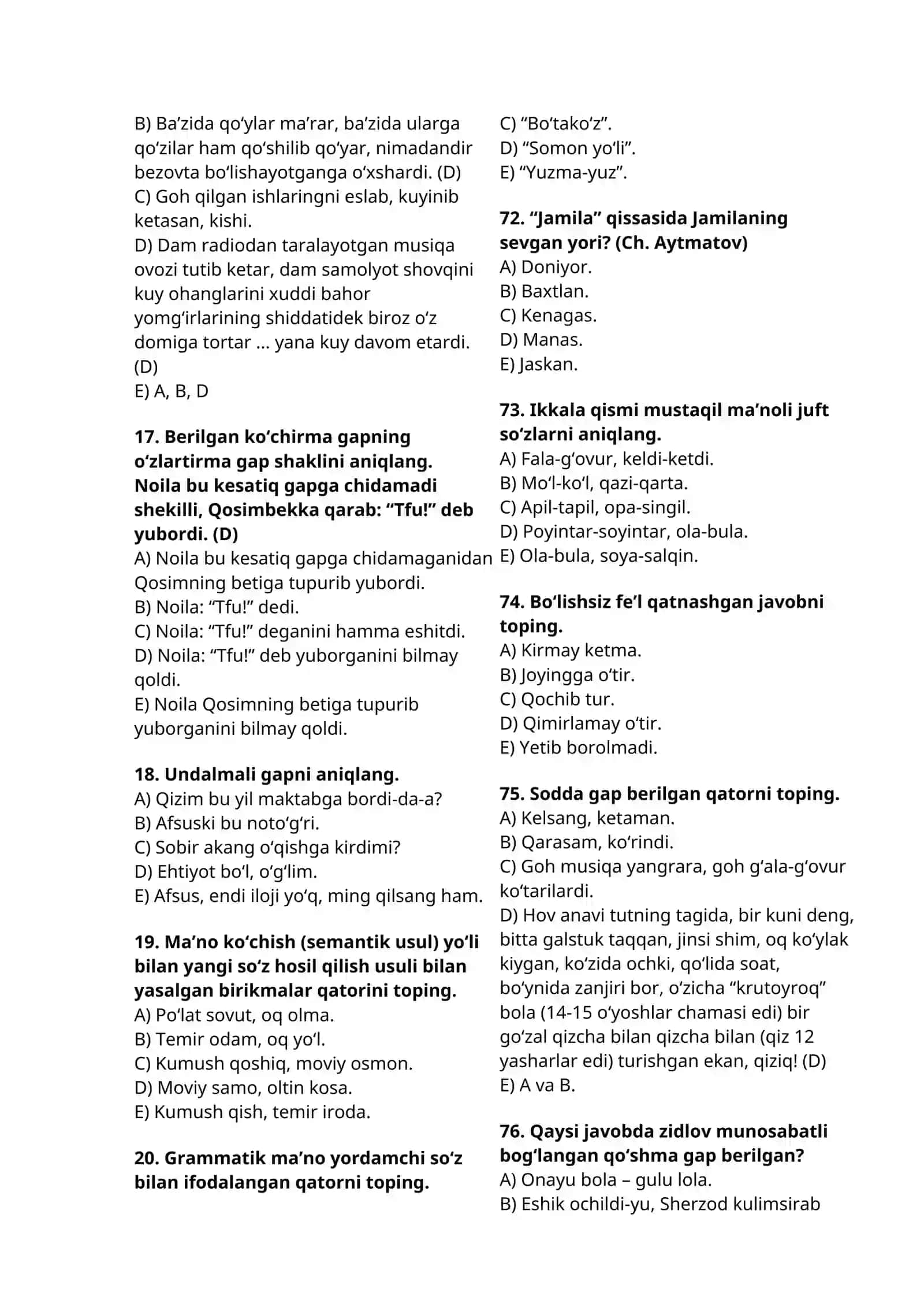 ONA TILI VA ADABIYOTIDAN TEST SAVOLLARI 4